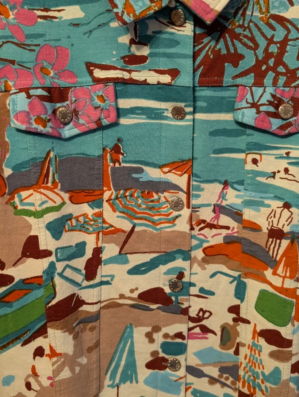 Tropical Beach Print Button-Up Jacket - Turquoise Multi - Picture 2 of 7